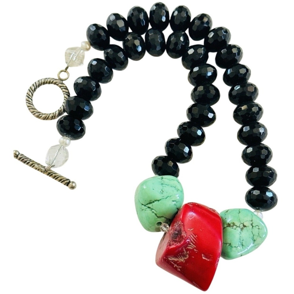 BOHO Chunky Necklace Natural Red‎ Bamboo Coral Turquoise Onyx Beads Faceted 20"